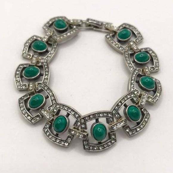 Jenavi Silver Panels Bracelet with Rhinestones and Malachite Cabachons. - Picture 1 of 7